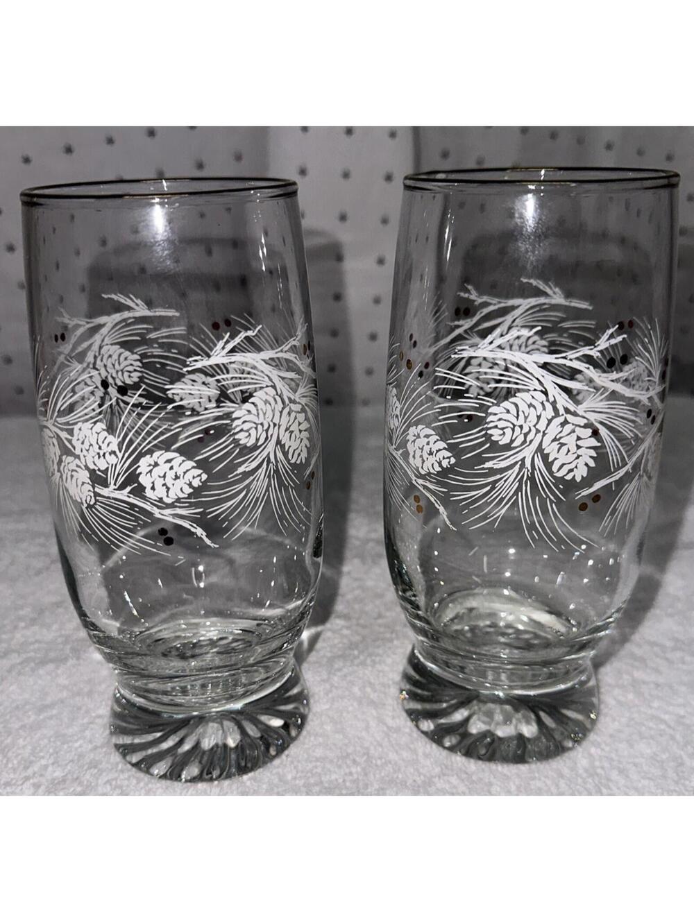 2 Arby's Libbey Glasses Winter Pine Cone Scene Tumbler Gold Rim Tea/Water Vtg